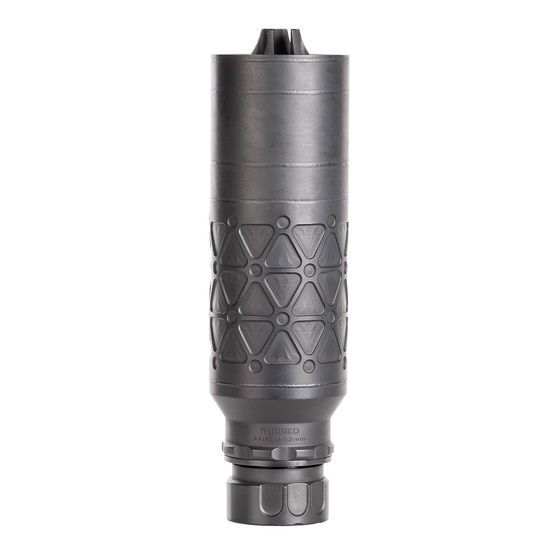 .300 RUM-compatible rifle suppressor, black.